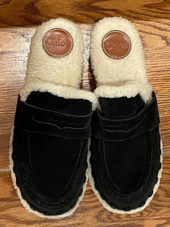Chloe Shoes - Chloé Joy Black Suede Shearling Lined Platform Clog Mules Sz 36